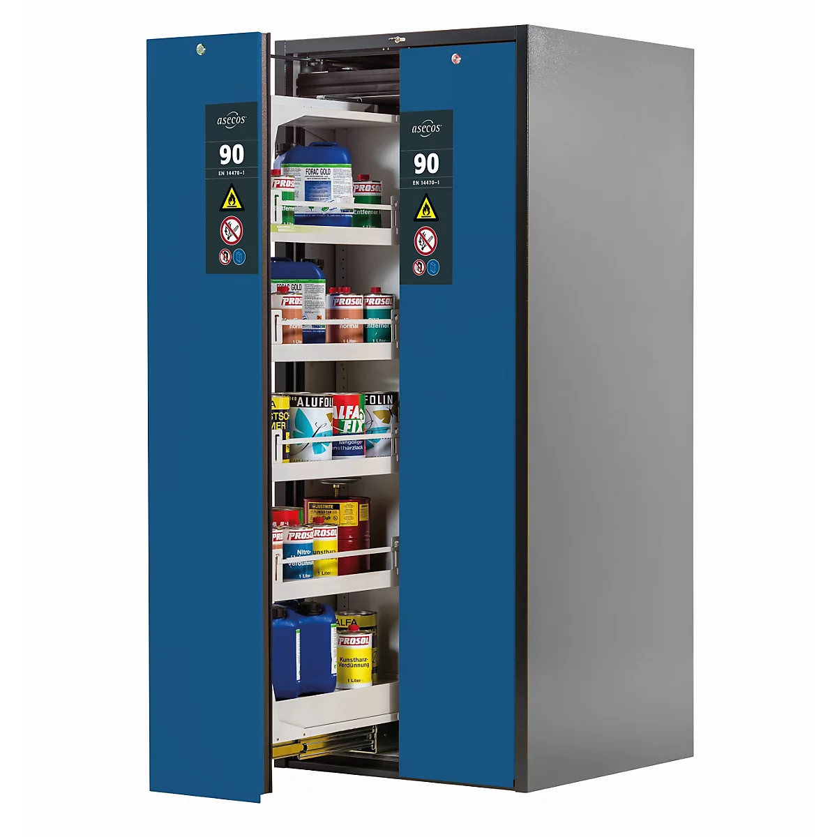Sicherheitsschrank Typ 90 asecos V-MOVE-90, Vertikalauszüge mit Schließ-Automatik, Front Enzianblau, B 819 x T 860 x H 1966 mm