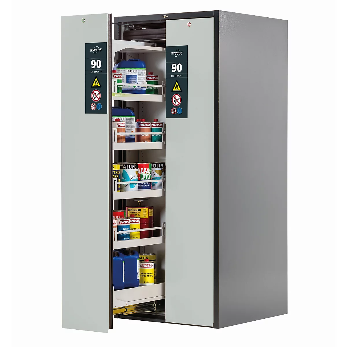 Sicherheitsschrank Typ 90 asecos V-MOVE-90, Vertikalauszüge mit Schließ-Automatik, Front Lichtgrau, B 819 x T 860 x H 1966 mm
