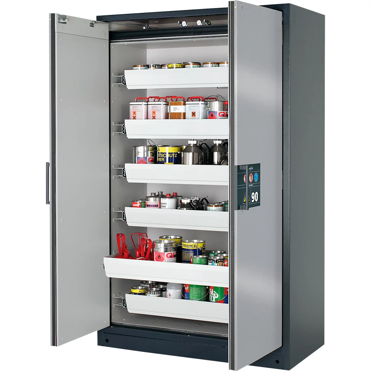 Sicherheitsschrank Typ 90, B 1200 mm, 6 Auszüge, asecos Silber