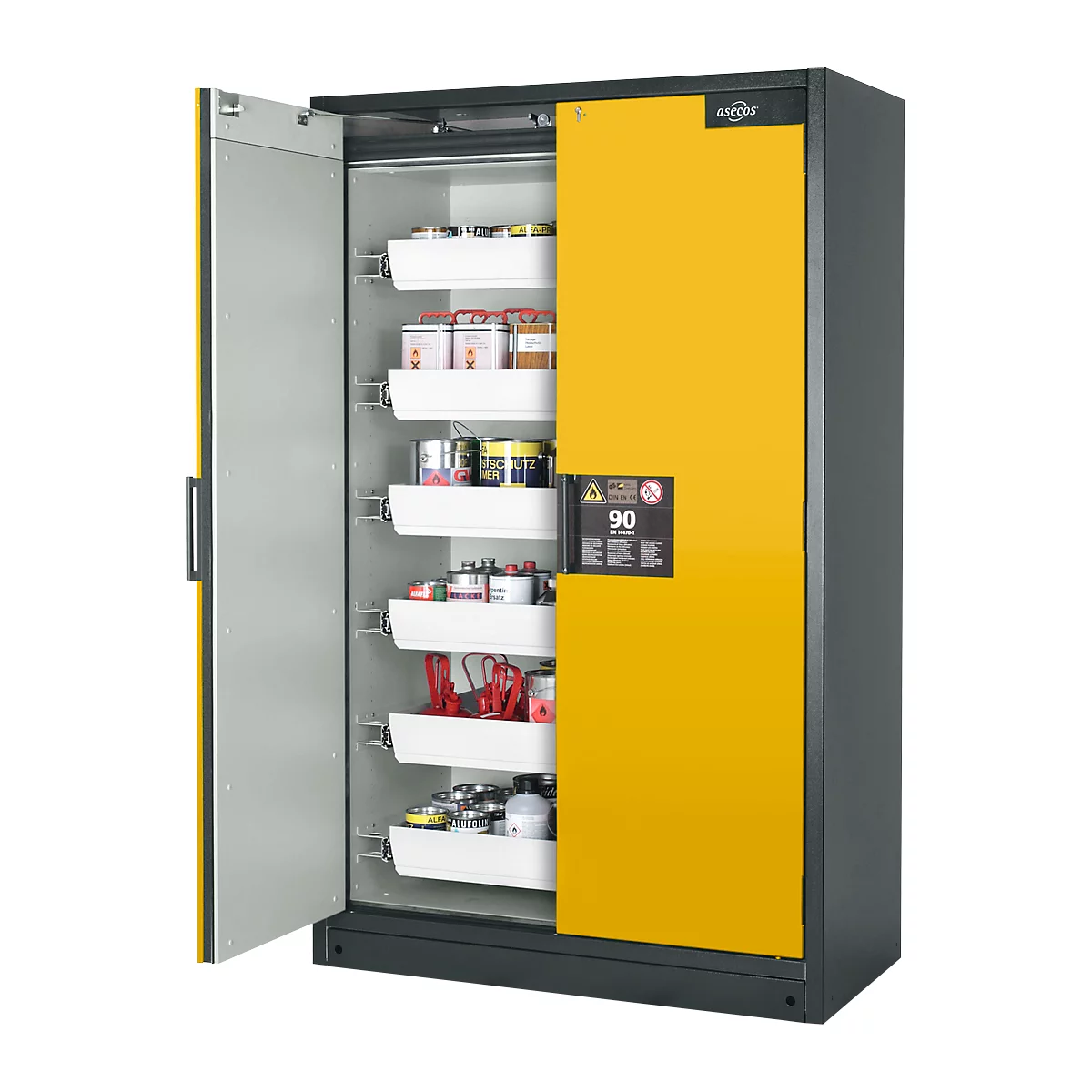 Sicherheitsschrank Typ 90, B 1200 mm, 6 Auszüge, sicherheitsgelb