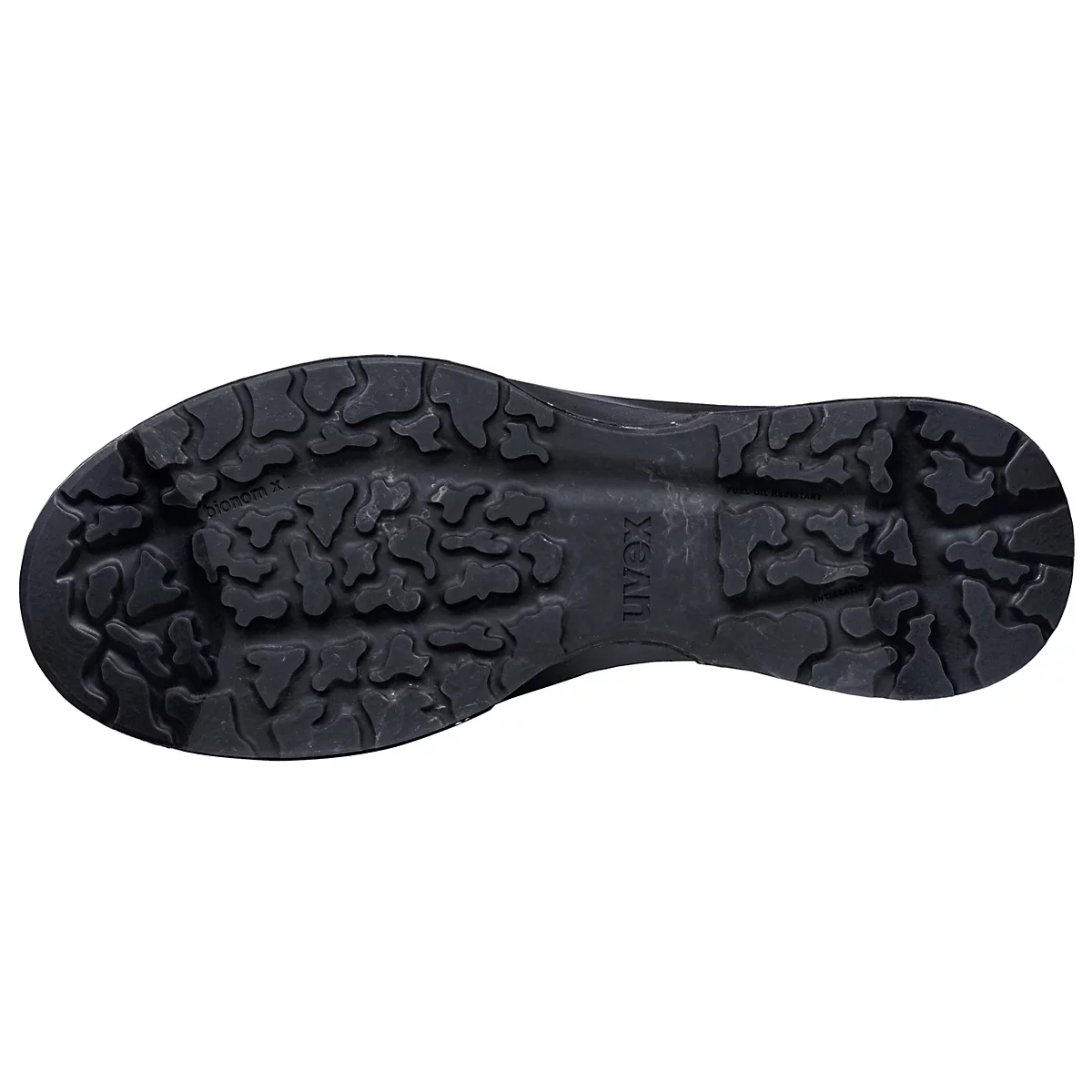 Schwarze Schuhsohle mit tiefem Profil. Uvex Logo. Für besseren Halt und Sicherheit.