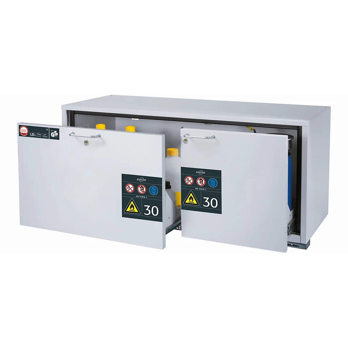 Sicherheitsunterbauschrank Typ 30 asecos UB-S-30, 2 Schubladen, Front Lichtgrau, B 1402 x T 574 x H 600 mm