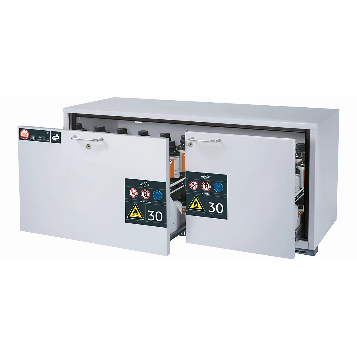 Sicherheitsunterbauschrank Typ 30 asecos UB-S-30, 2 Schubladen, Front Lichtgrau, B 1402 x T 574 x H 600 mm