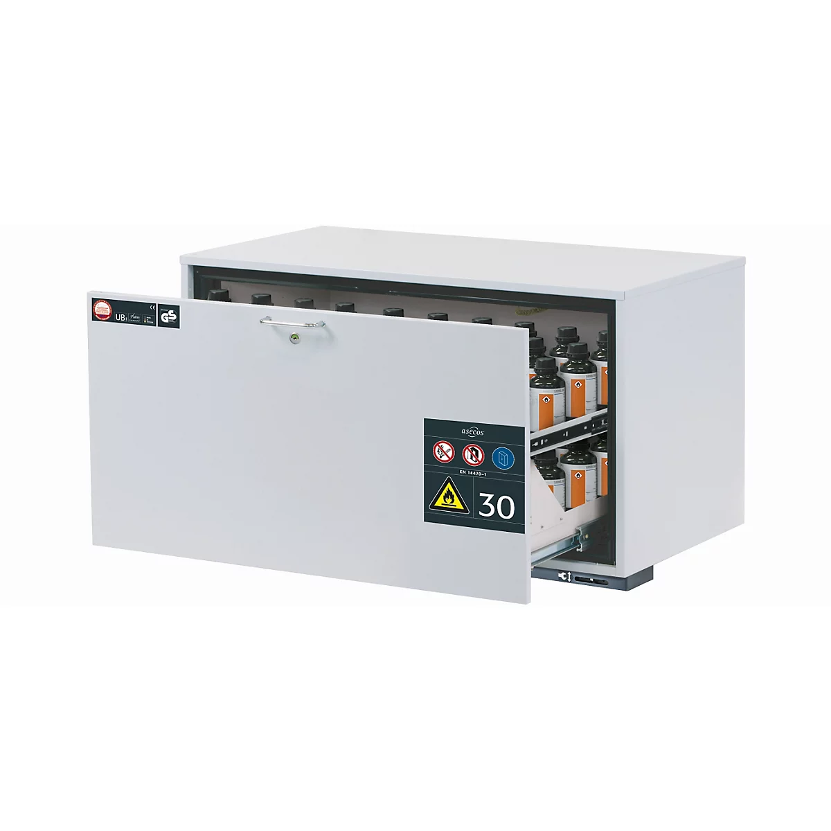 Sicherheitsunterbauschrank Typ 30 asecos UB-S-30, Schublade, Front Lichtgrau, B 1102 x T 574 x H 600 mm