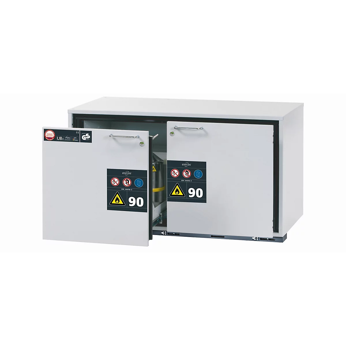 Weißer Stahlschrank mit zwei geöffneten Türen. Auf jeder Tür befinden sich Warnschilder und die Zahl 90.