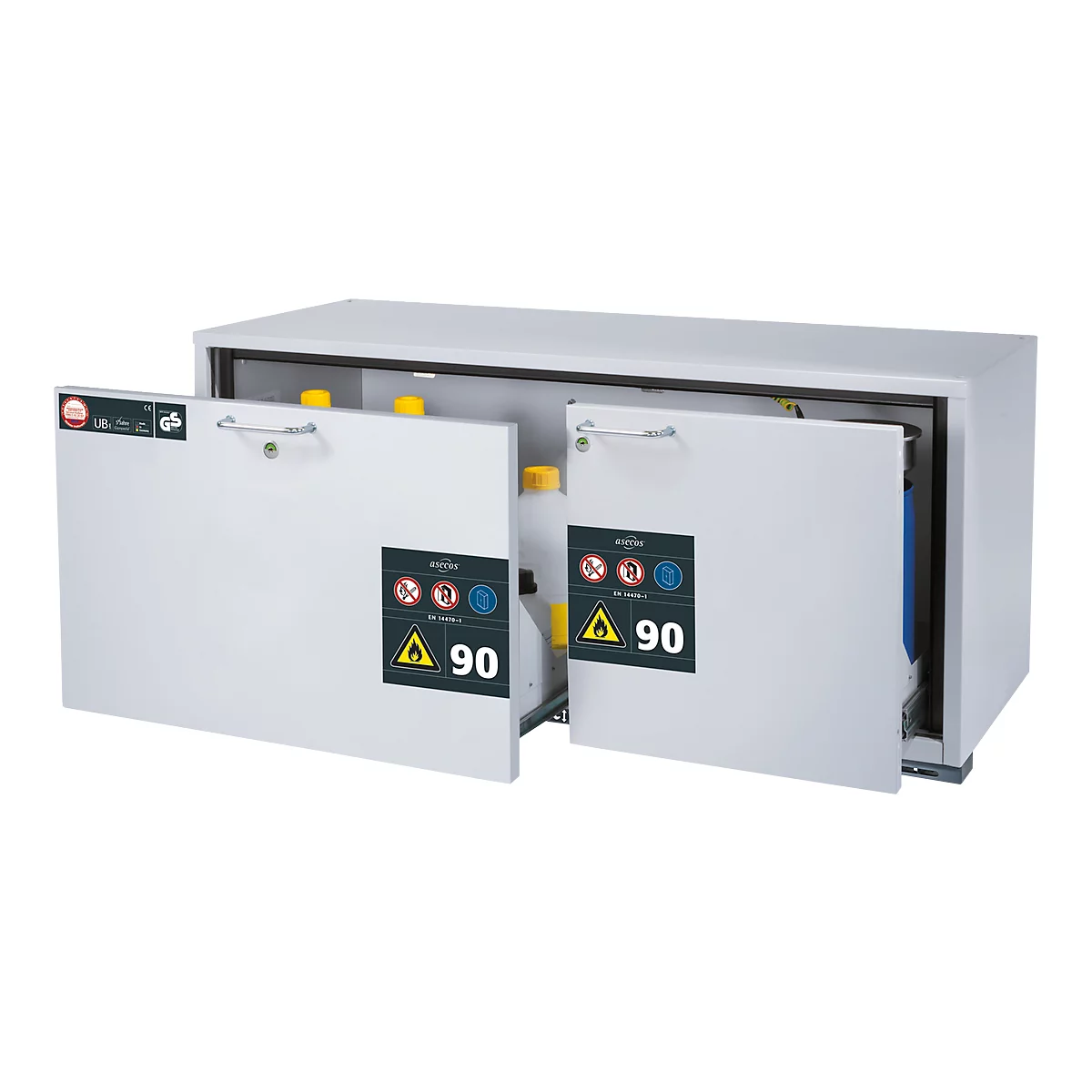 Weißer Stahlschrank mit geöffneten Türen, dahinter gelbe und blaue Behälter. Auf den Türen sind Warnhinweise angebracht.