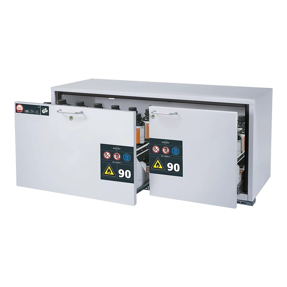 Sicherheitsunterbauschrank Typ 90 asecos UB-S-90, 2 Schubladen, Front Lichtgrau, B 1402 x T 574 x H 600 mm
