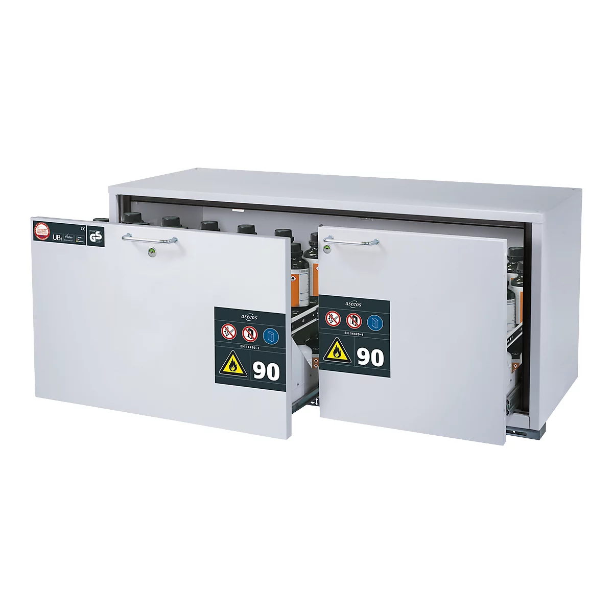 Sicherheitsunterbauschrank Typ 90 asecos UB-S-90, 2 Schubladen, Front Lichtgrau, B 1402 x T 574 x H 600 mm