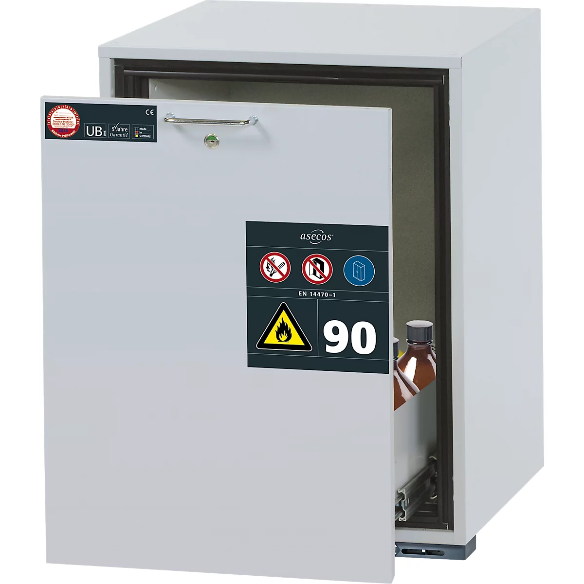 Sicherheitsunterbauschrank Typ 90 asecos UB-S-90, Schublade, Front Lichtgrau, B 593 x T 600 x H 800 mm