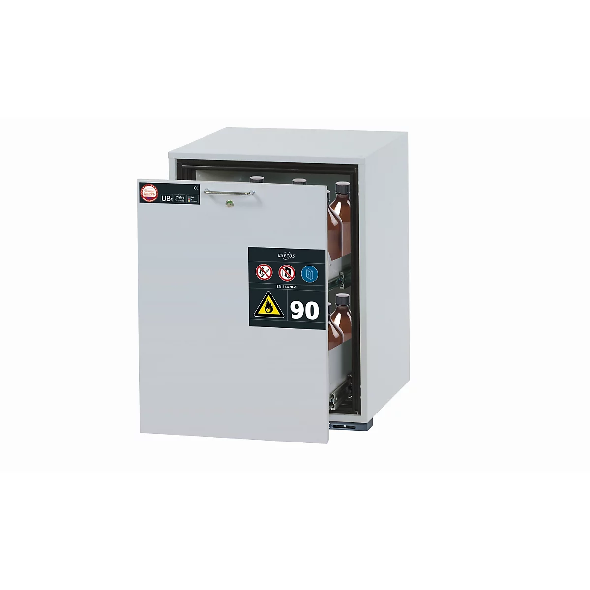 Sicherheitsunterbauschrank Typ 90 asecos UB-S-90, Schublade, Front Lichtgrau, B 593 x T 600 x H 800 mm