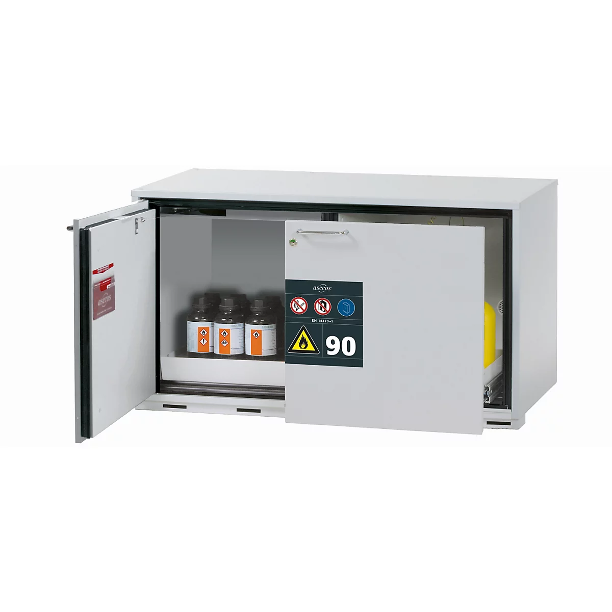 Sicherheitsunterbauschrank Typ 90 asecos UB-ST-90, 1 Schublade, 1 Flügeltür, Anschlag links, Front Lichtgrau, B 1102 x T 502 x H 600 mm