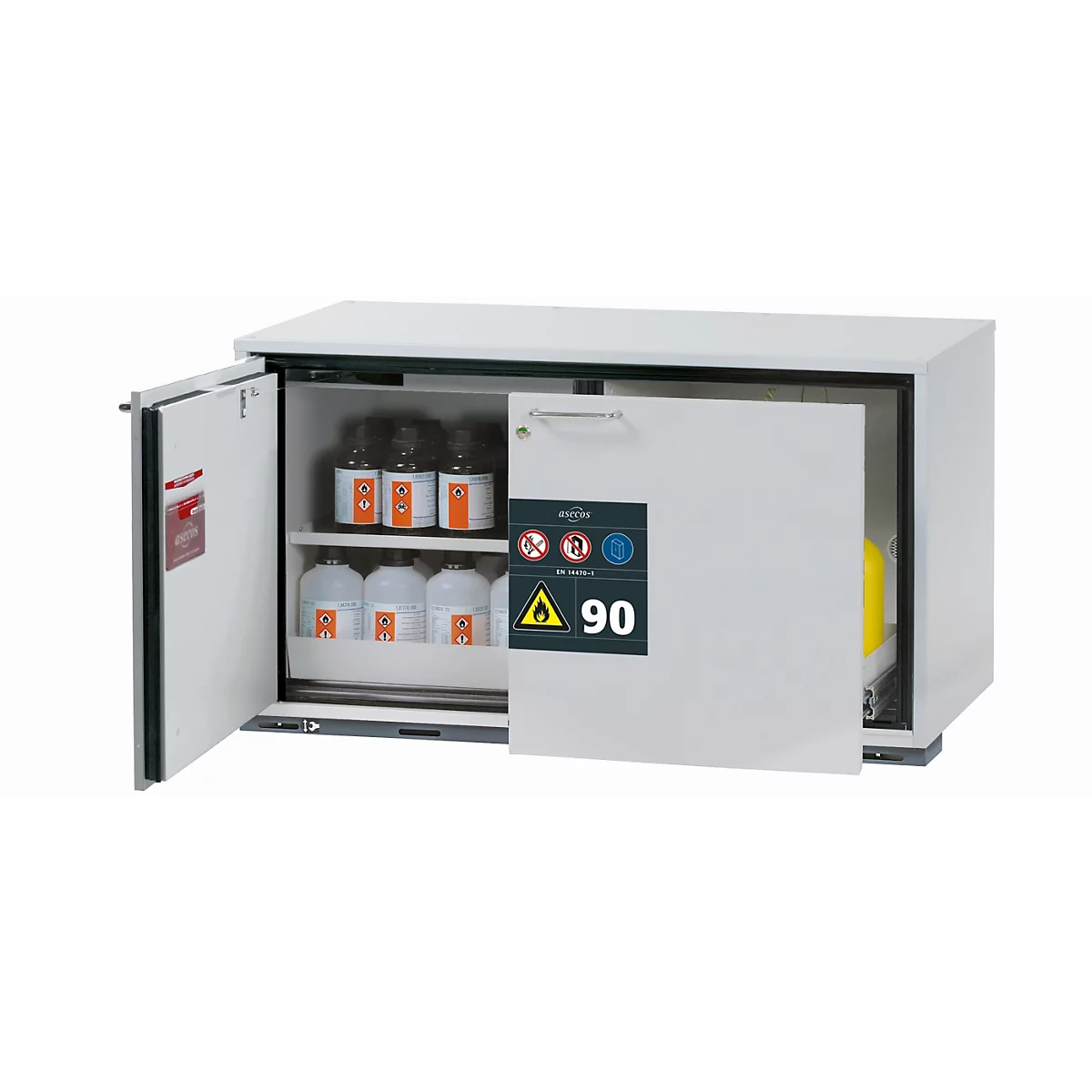 Sicherheitsunterbauschrank Typ 90 asecos UB-ST-90, 1 Schublade, 1 Flügeltür, Anschlag links, Front Lichtgrau, B 1102 x T 502 x H 600 mm