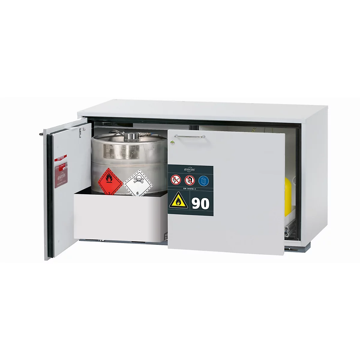 Sicherheitsunterbauschrank Typ 90 asecos UB-ST-90, 1 Schublade, 1 Flügeltür, Anschlag links, Front Lichtgrau, B 1102 x T 574 x H 600 mm