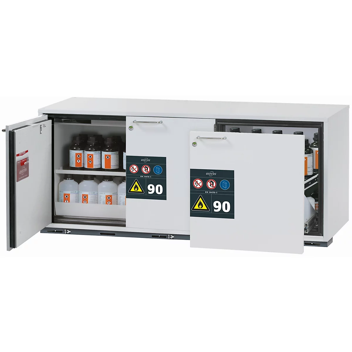 Sicherheitsunterbauschrank Typ 90 asecos UB-ST-90, 1 Schublade, 2 Flügeltüren, Front Lichtgrau, B 1402 x T 574 x H 600 mm