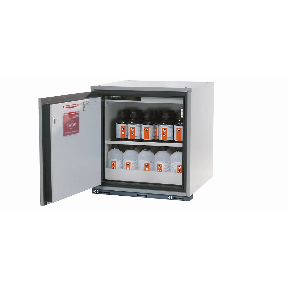 Sicherheitsunterbauschrank Typ 90 asecos UB-T-90, Flügeltür, Anschlag links, Front Lichtgrau, B 593 x T 502 x H 600 mm