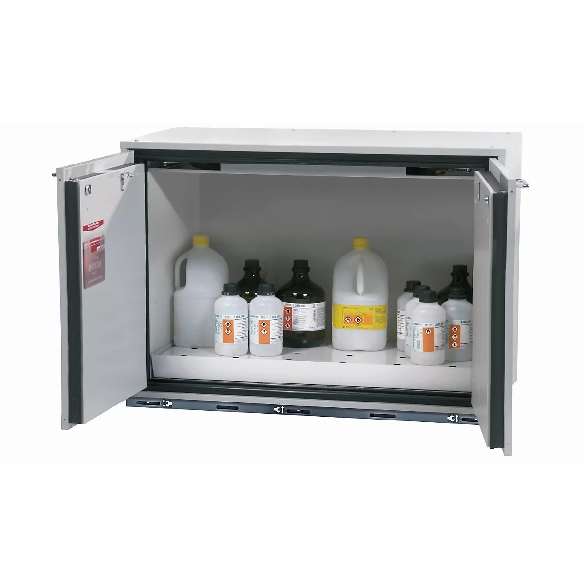 Sicherheitsunterbauschrank Typ 90 asecos UB-T-90, Flügeltüren, Front Lichtgrau, B 1102 x T 600 x H 800 mm