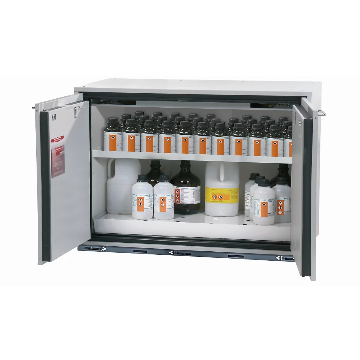 Sicherheitsunterbauschrank Typ 90 asecos UB-T-90, Flügeltüren, Front Lichtgrau, B 1102 x T 600 x H 800 mm