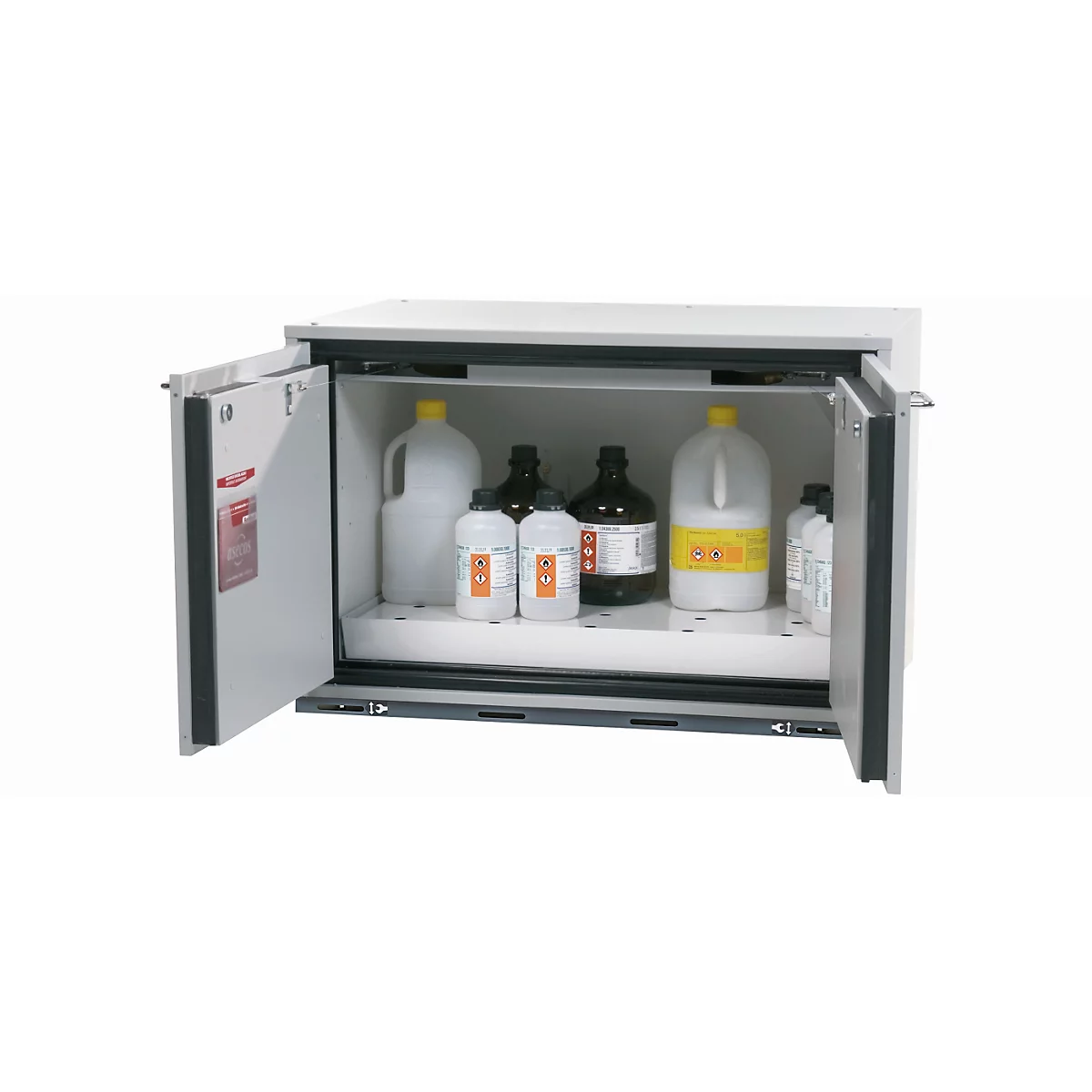 Sicherheitsunterbauschrank Typ 90 asecos UB-T-90, Flügeltüren, Front Lichtgrau, B 893 x T 502 x H 600 mm