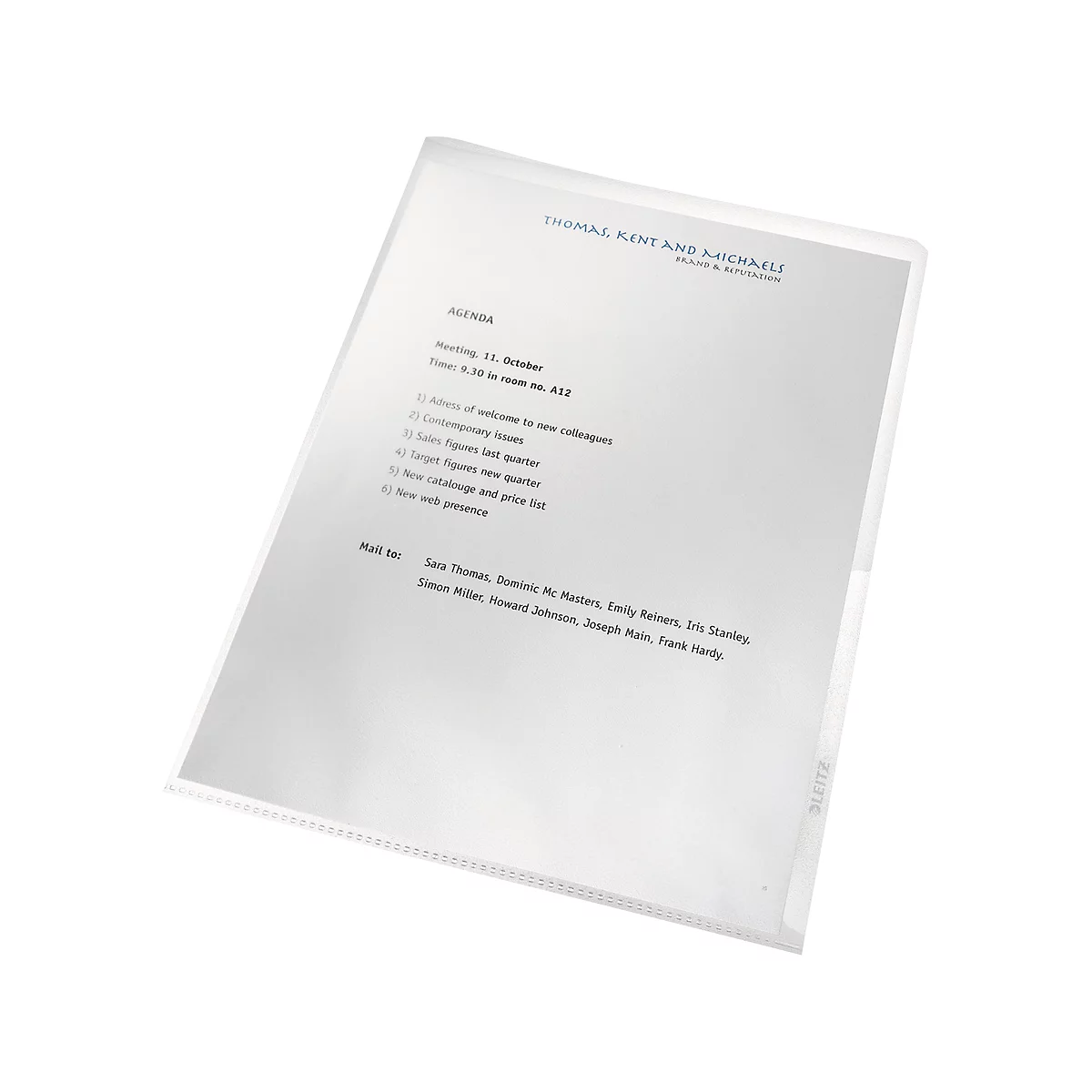 Eine transparente Dokumentenhülle mit einem weißen Blatt Papier. Darauf sind Textblöcke und ein Firmenlogo zu sehen.