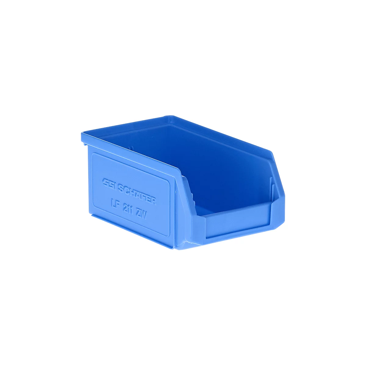 Blaue SSI Schäfer Sichtlagerbox LF 211 ZW aus Kunststoff vor weissem Hintergrund.