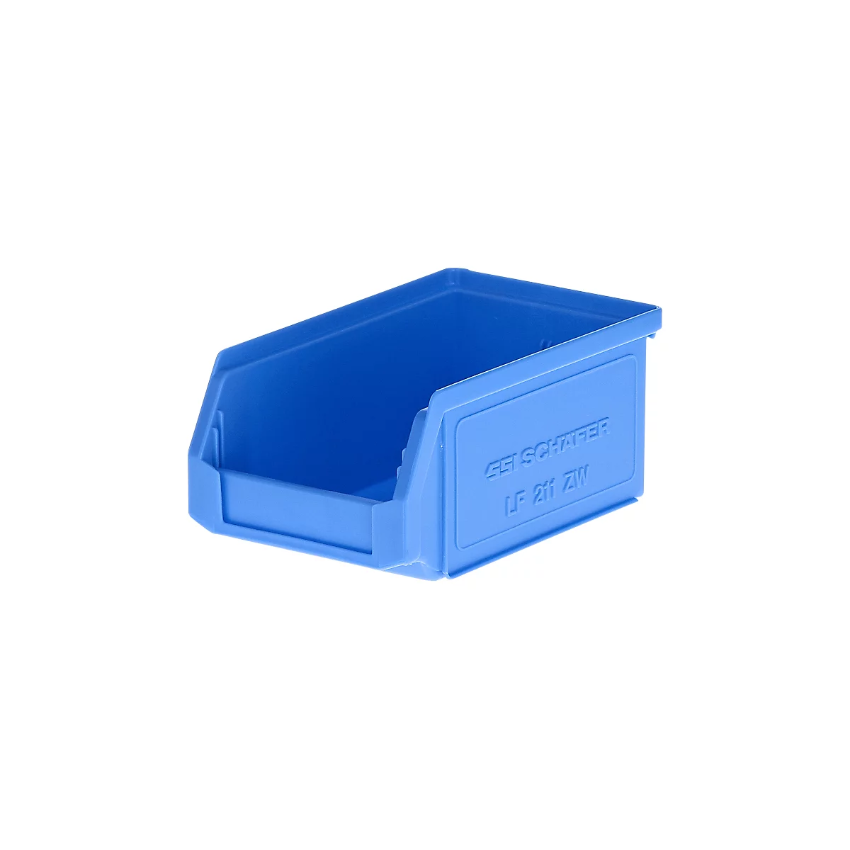 Blaue Sichtlagerbox aus Kunststoff von SSI Schäfer, Modell LF 211 ZW, vor weissem Hintergrund.
