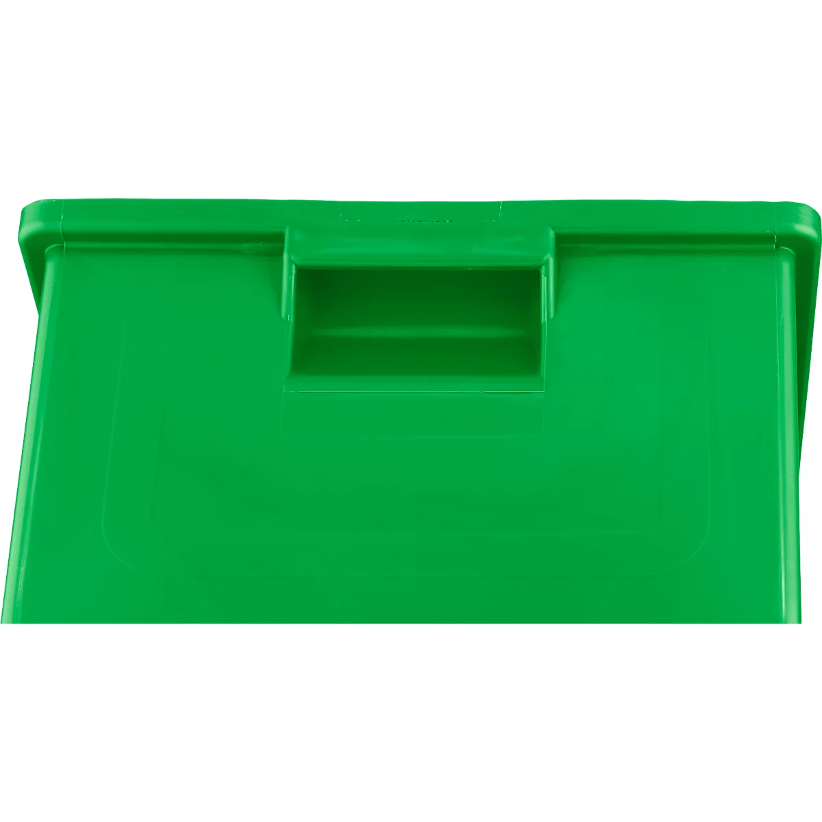 Eine grüne Kunststoff-Aufbewahrungsbox mit Deckel und integriertem Griff vor neutralem Hintergrund.