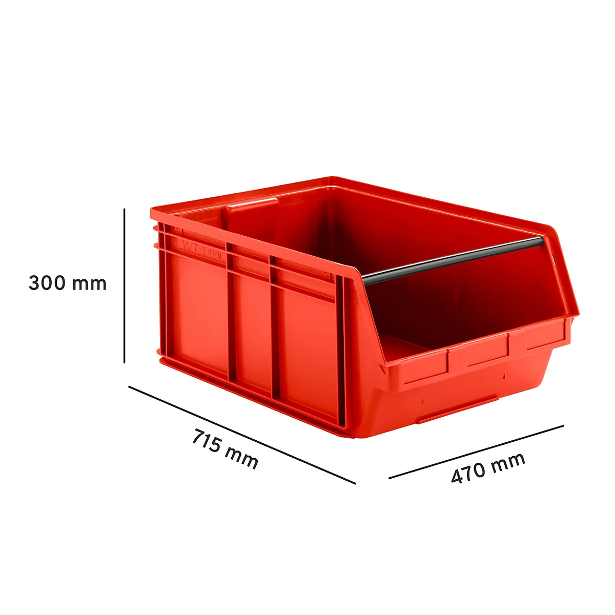 Rote Sichtlagerbox aus Kunststoff mit Maßangaben 300 mm Höhe, 715 mm Länge und 470 mm Breite auf weißem Grund.