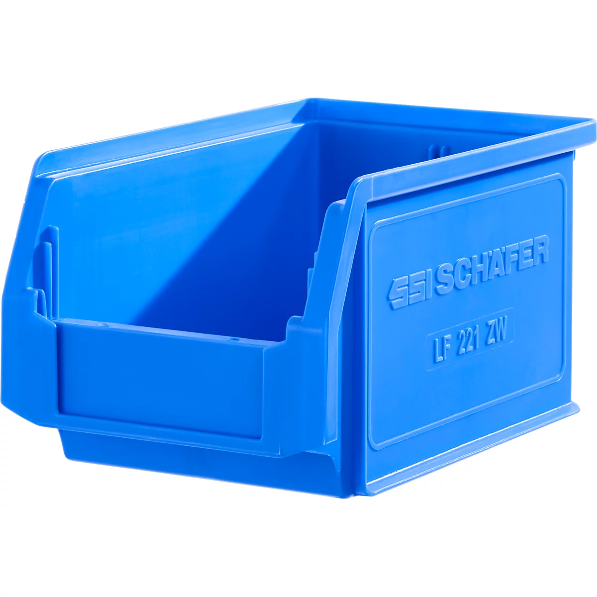 Blaue Sichtlagerbox aus Kunststoff von SSI Schäfer, Typ LF 221 ZW.