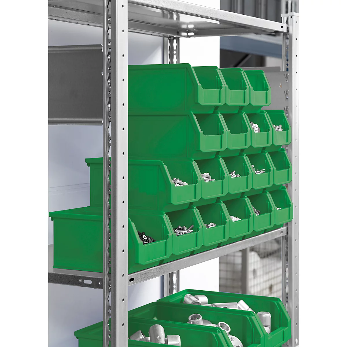 Blaue Sichtlagerbox mit Schrauben und separater transparenter Abdeckung, beschriftet mit Art.-Nr. 151034.