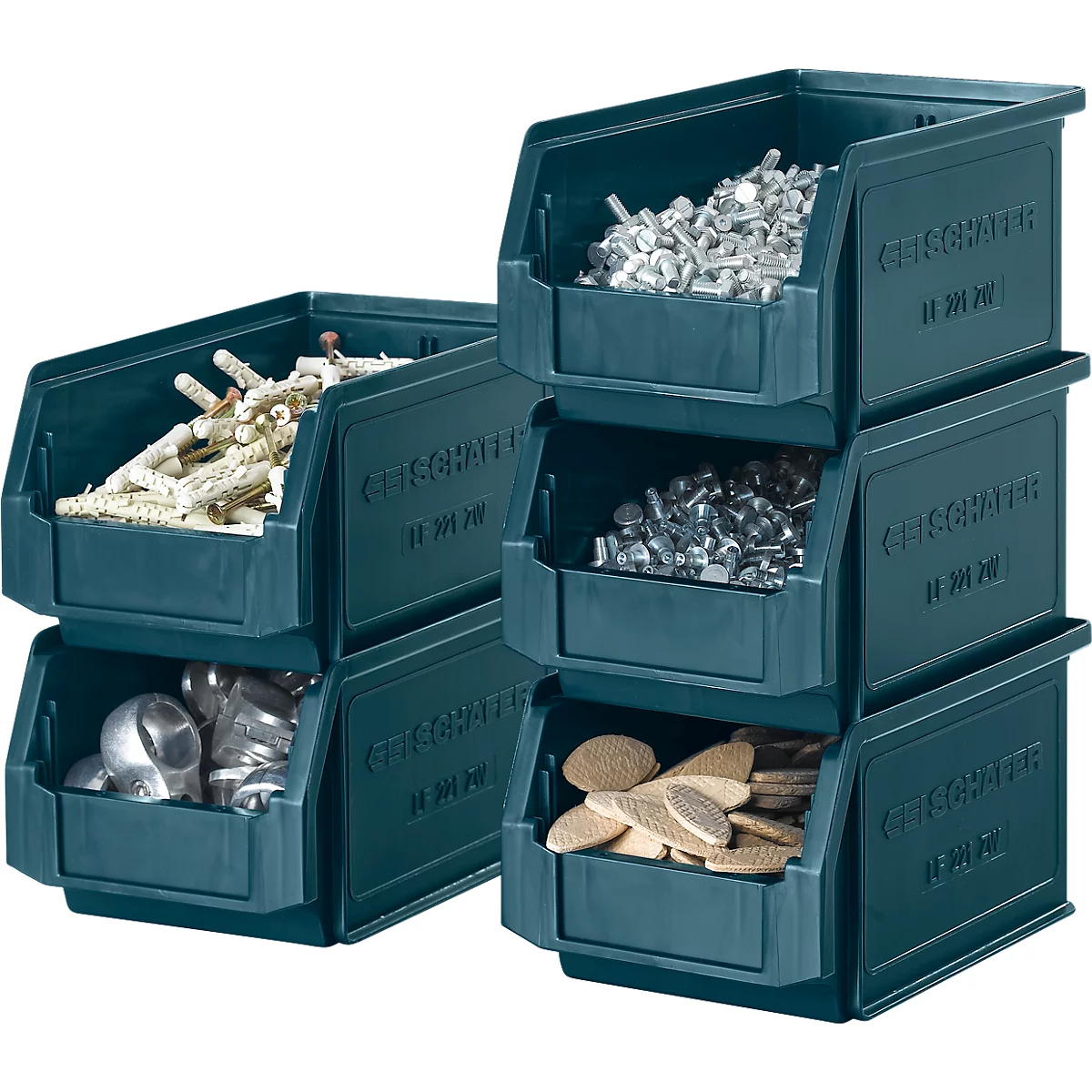 Blaue Kunststoff-Lagerboxen, gefüllt mit Dübeln, Schrauben, Muttern und Holzverbindern.