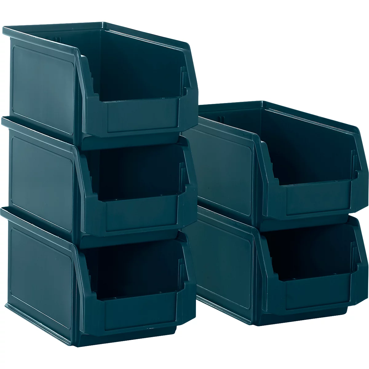 Mehrere dunkelblaue Stapelboxen, zur Aufbewahrung von Kleinteilen.