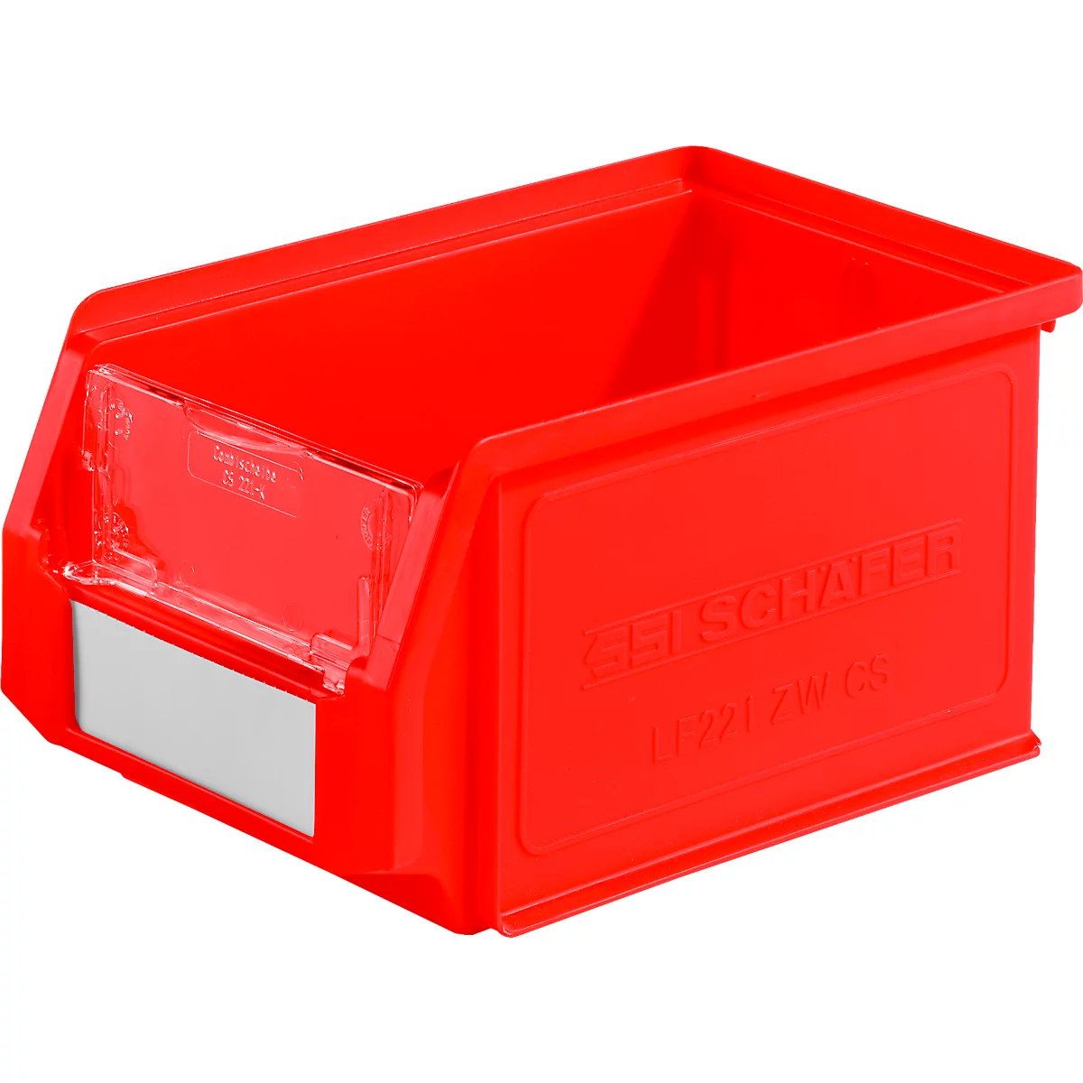 Rote, offene Sichtlagerbox aus Kunststoff von SSI Schäfer mit Etikettenfeld und Sichtfenster vor weißem Hintergrund.