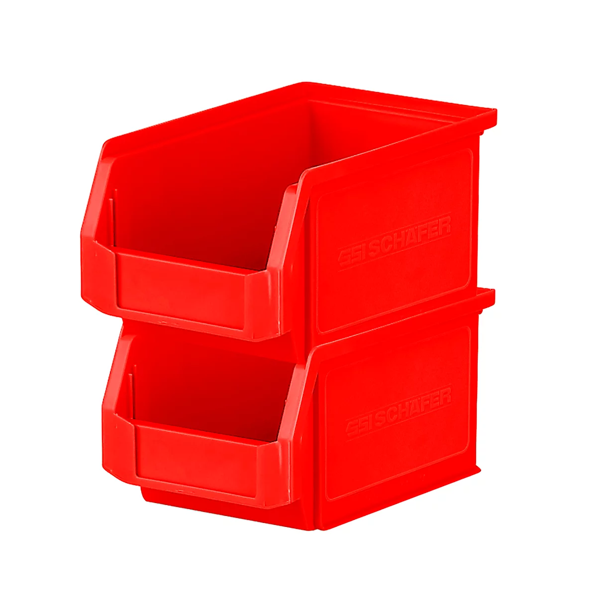 Zwei rote, stapelbare Sichtlagerkästen der Marke SSI Schäfer auf weißem Hintergrund.