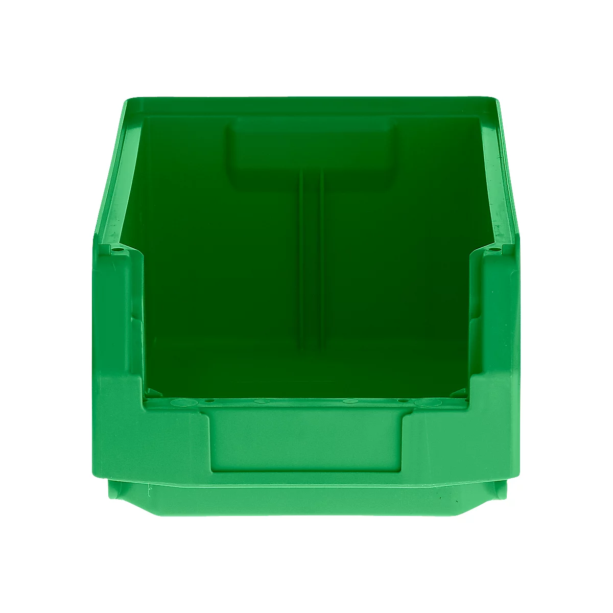Grüne Sichtlagerbox aus Kunststoff vor neutralem Hintergrund.