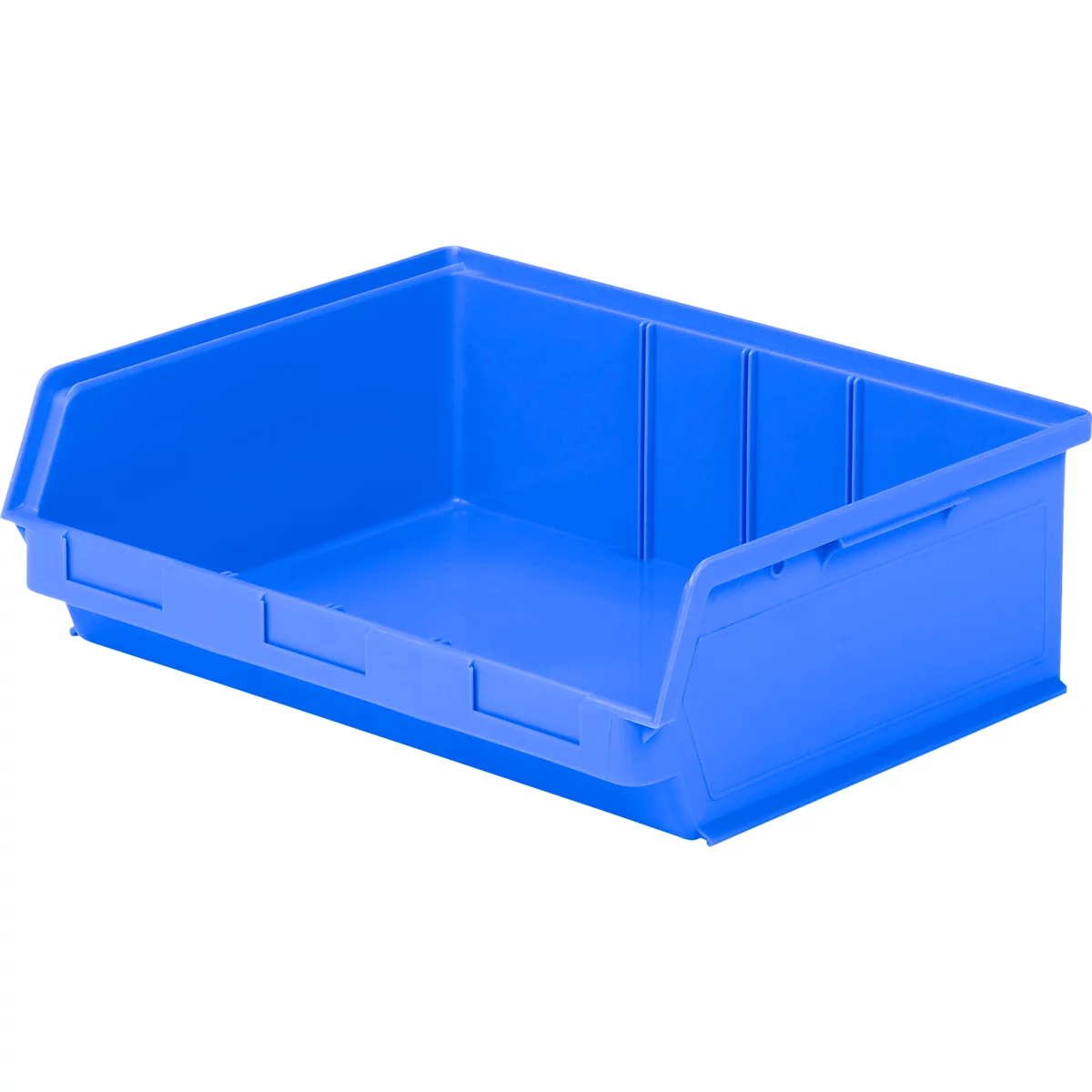 Blaue Sichtlagerbox aus Kunststoff mit offener Vorderseite auf weißem Hintergrund.
