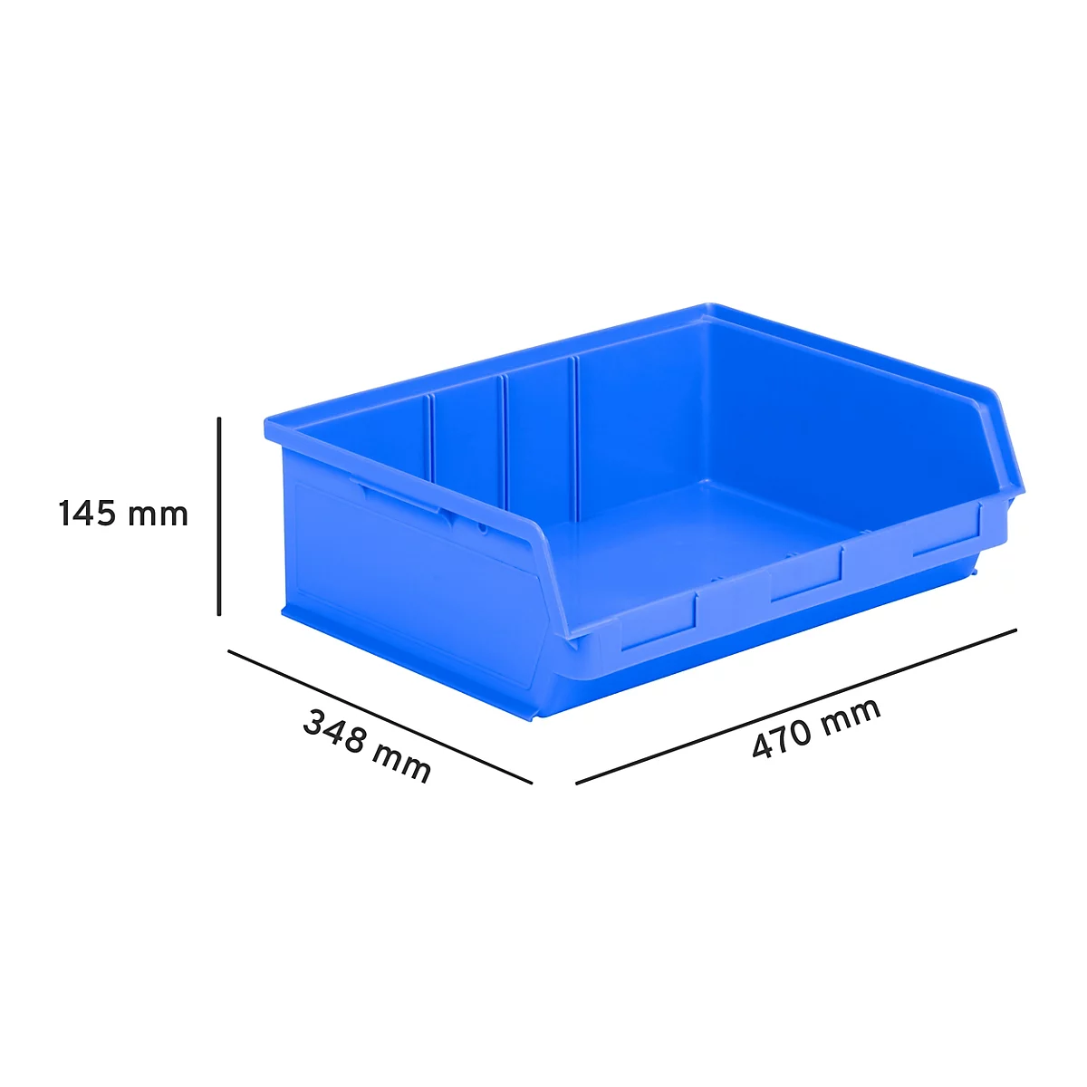 Blaue Sichtlagerbox aus Kunststoff mit Maßangaben 470x348x145 mm vor weißem Hintergrund.