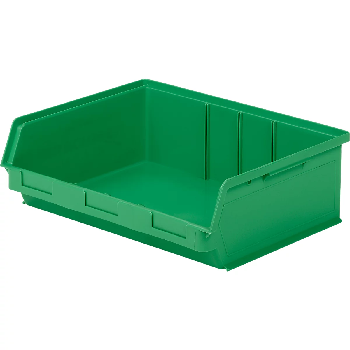 Eine rechteckige, grüne Kunststoff-Sichtlagerbox mit offener Vorderseite auf weißem Hintergrund.