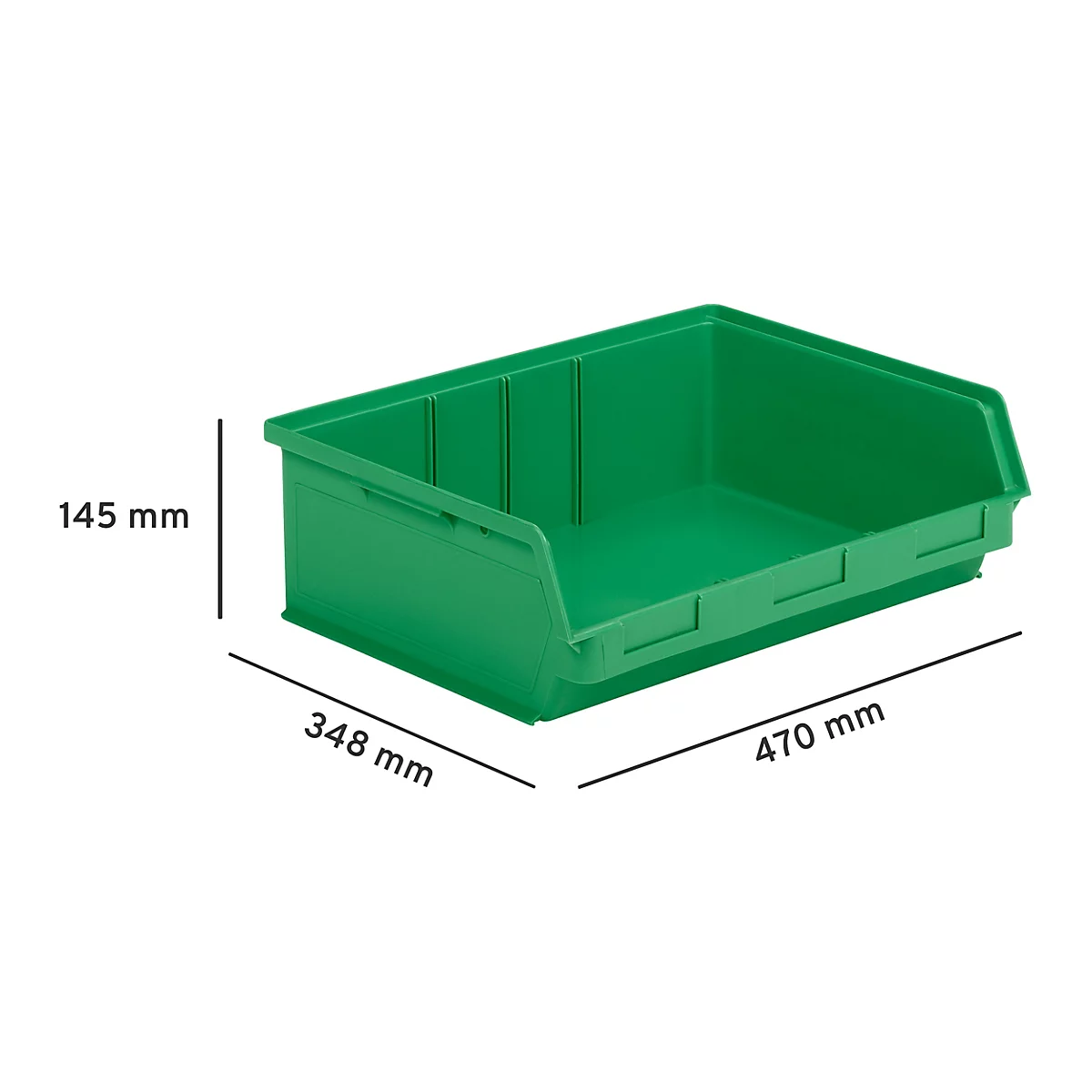 Grüne Sichtlagerbox aus Kunststoff mit Maßangaben 145 mm, 348 mm und 470 mm vor weißem Hintergrund.