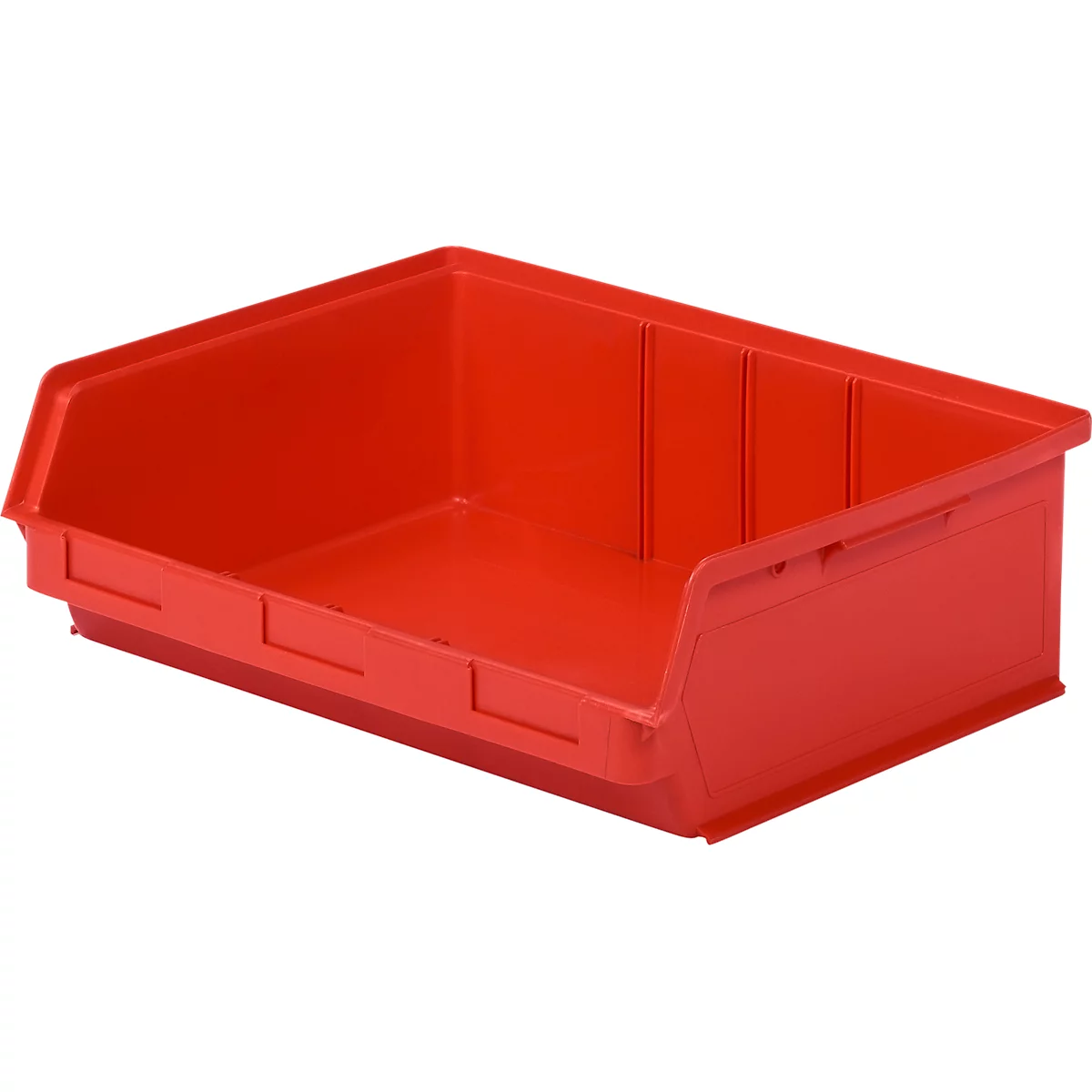 Rote, offene Sichtlagerbox aus Kunststoff auf weißem Hintergrund.