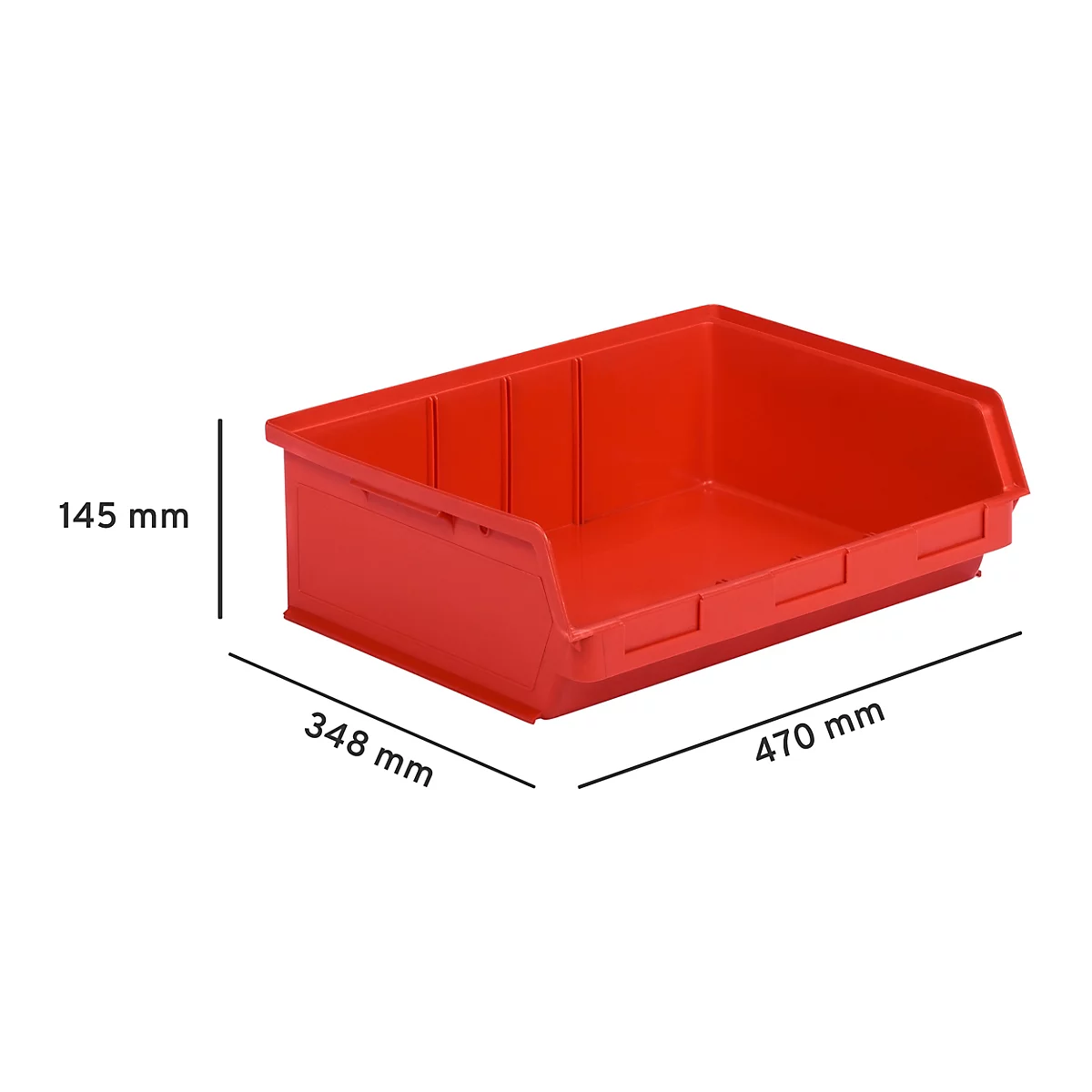 Rote offene Sichtlagerbox mit Bemaßungsangaben: 470 mm lang, 348 mm breit, 145 mm hoch.