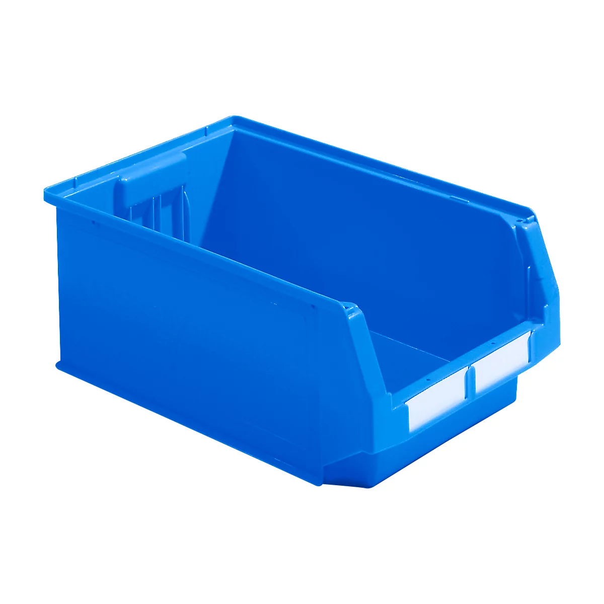 Blaue, rechteckige Lagerbox mit weißen Etikettenhaltern.
