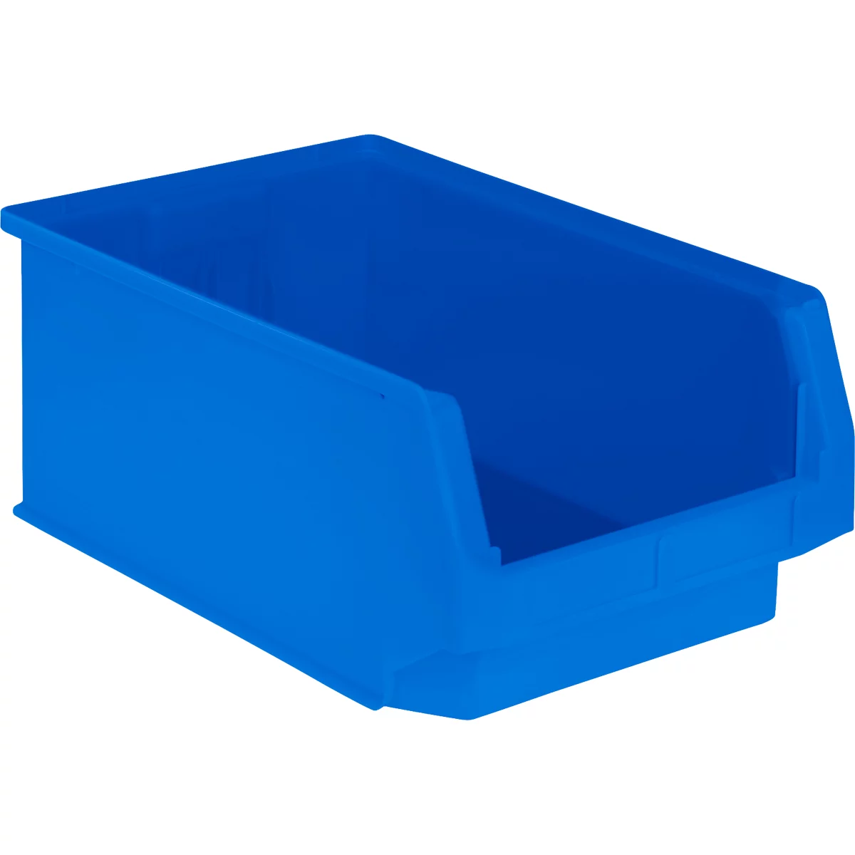 Blaue Kunststoffbox mit schräg verlaufender Vorderseite.