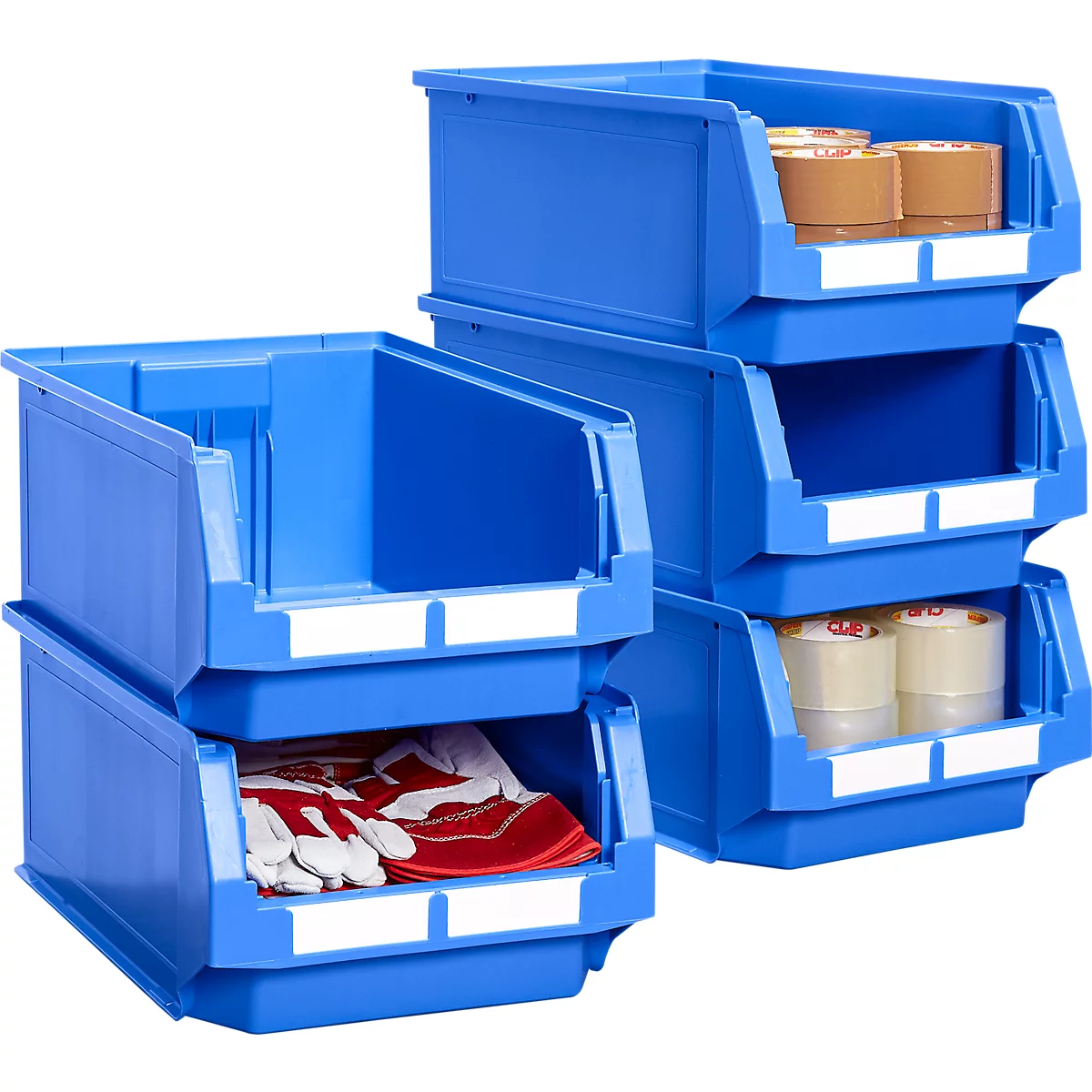 Blaue Aufbewahrungsboxen, teilweise gefüllt mit Handschuhen, Klebeband und Rollen.
