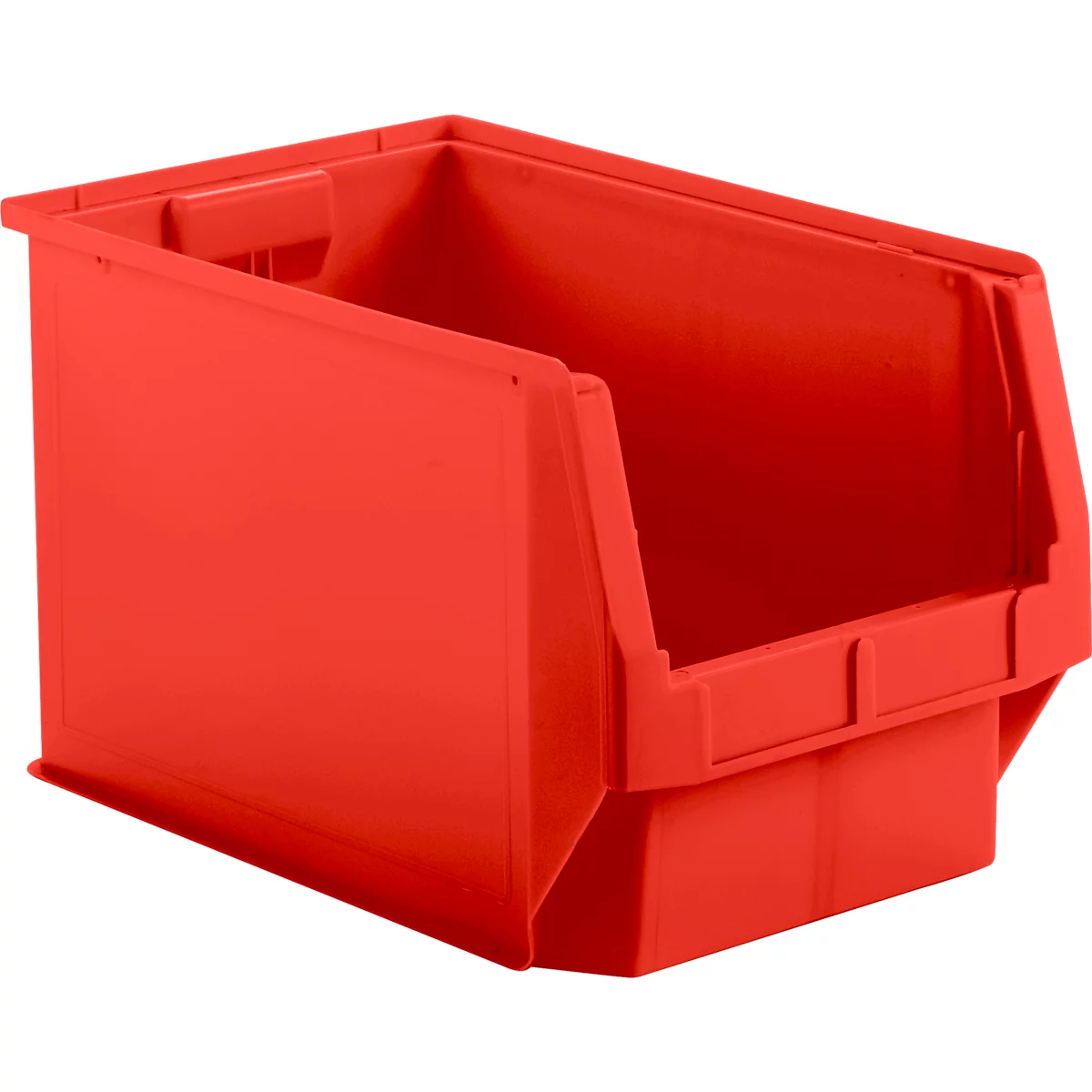 Eine leere, leuchtend rote Sichtlagerbox aus Kunststoff vor weißem Hintergrund.