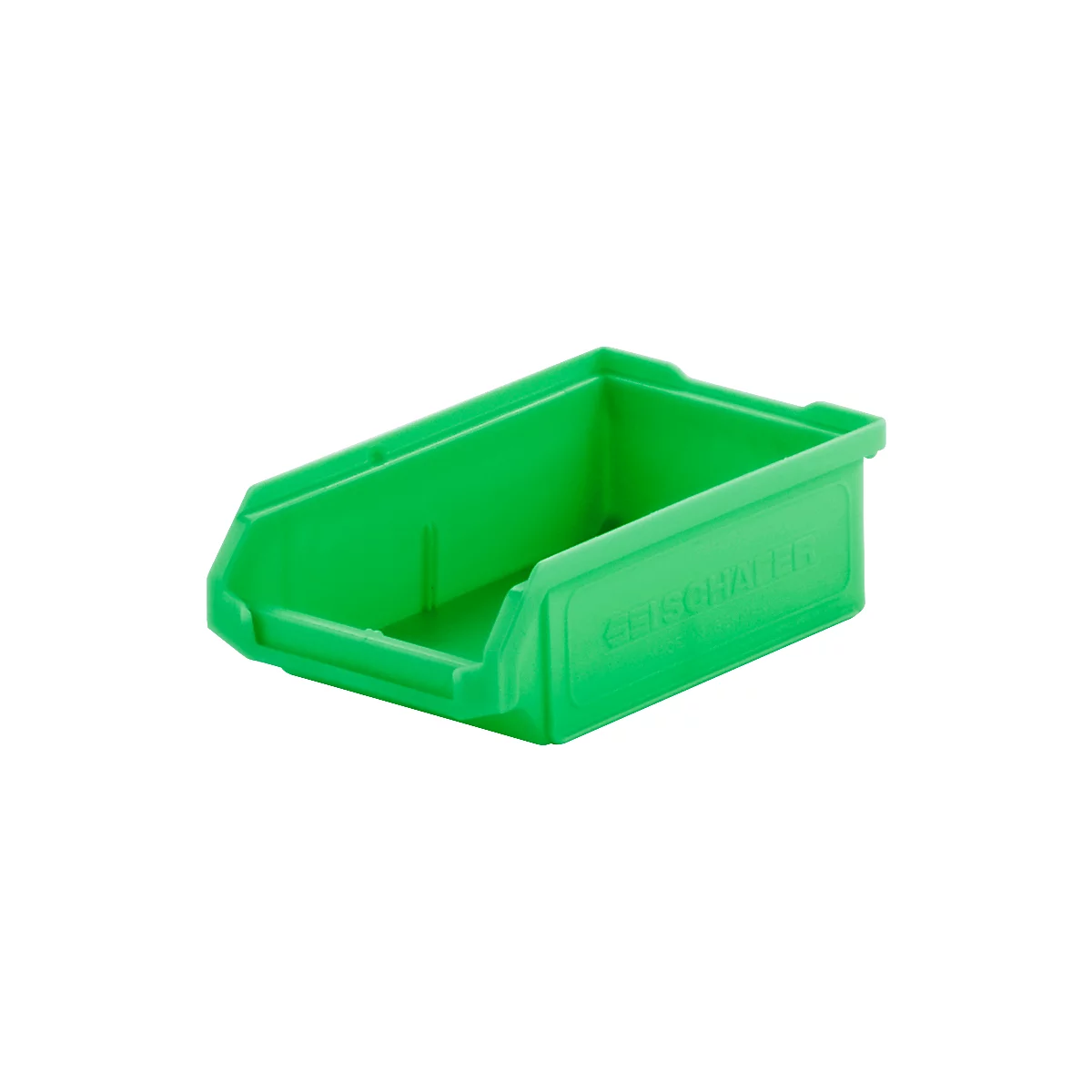 Eine leere, grüne Sichtlagerbox aus Kunststoff mit eingeprägtem Schäfer-Logo vor weißem Hintergrund.