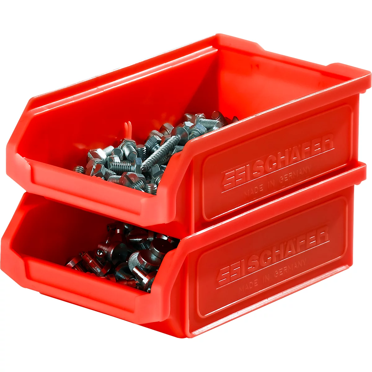 Zwei rote, stapelbare Sichtlagerkästen der Marke SSI Schäfer, gefüllt mit kleinen Metallschrauben.