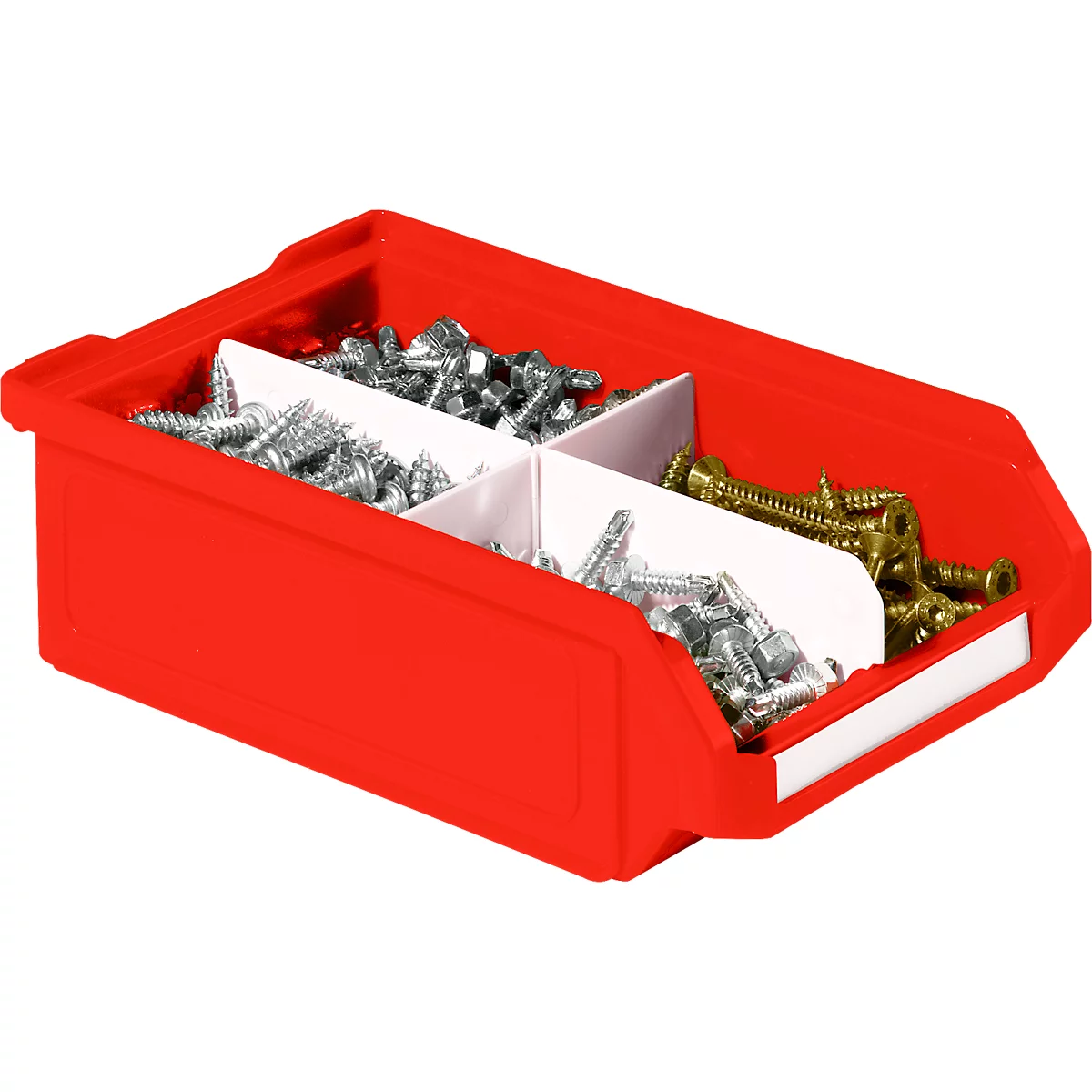 Rote Sichtlagerbox aus Kunststoff, unterteilt in vier Fächer, gefüllt mit silbernen und goldenen Schrauben.
