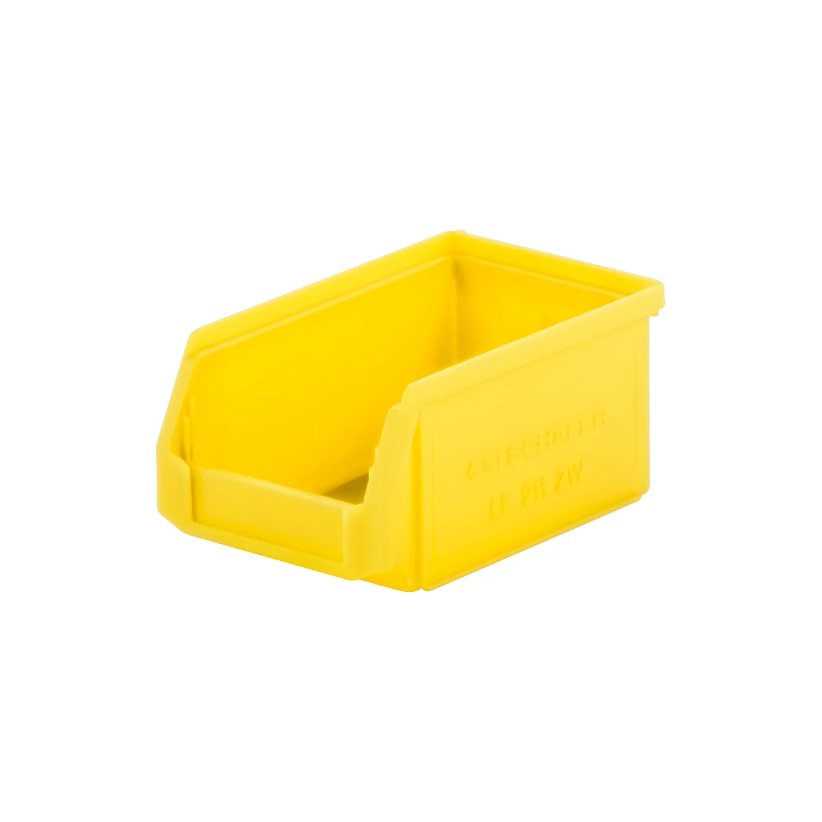 Gelbe Sichtlagerbox aus Kunststoff mit offener Vorderseite und eingeprägtem Logo.