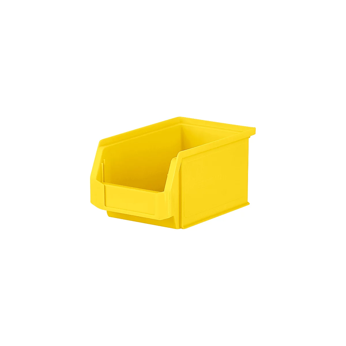 Eine leere, leuchtend gelbe Sichtlagerbox aus Kunststoff mit einer offenen Vorderseite zur einfachen Entnahme.