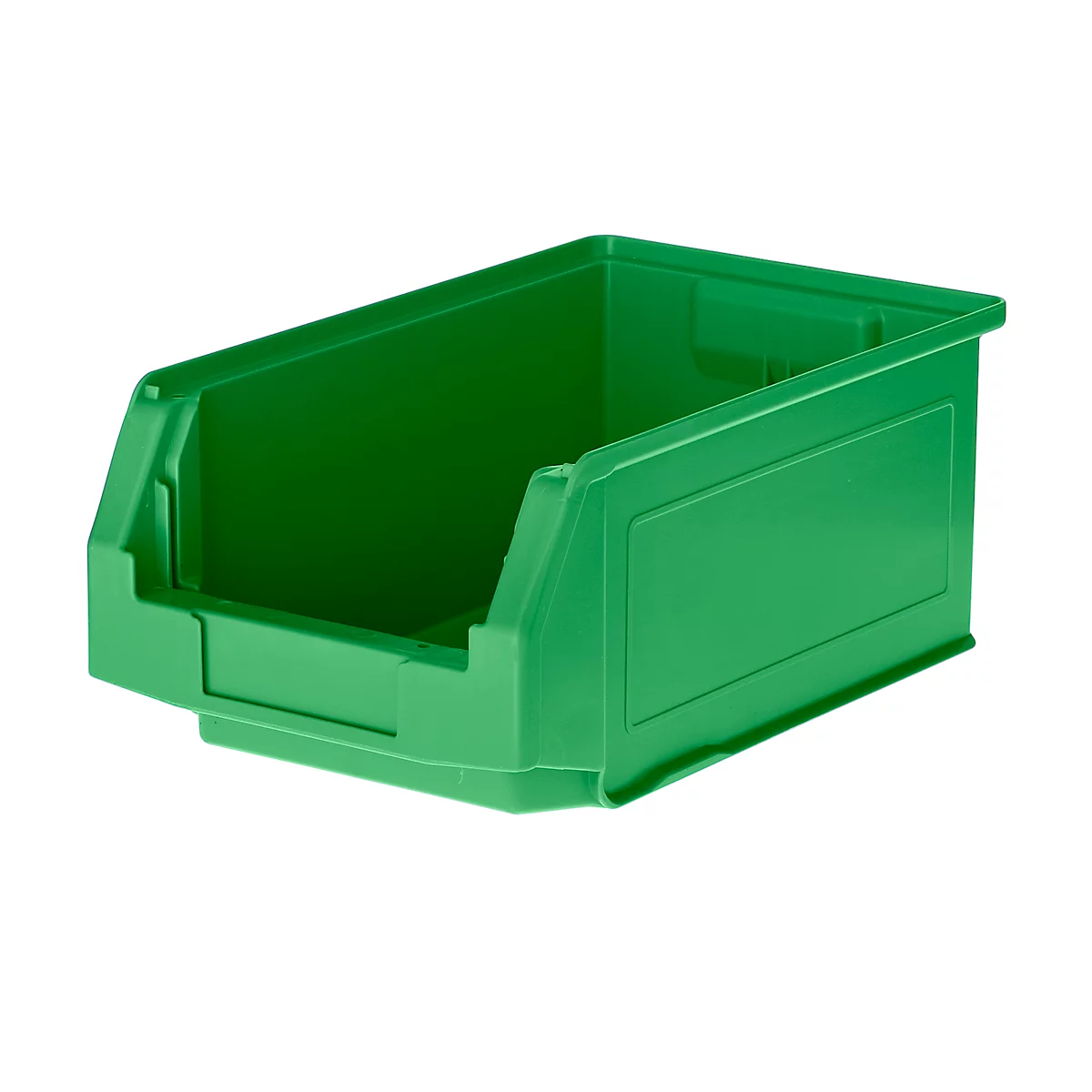 Grüne Sichtlagerbox aus Kunststoff vor weißem Hintergrund.